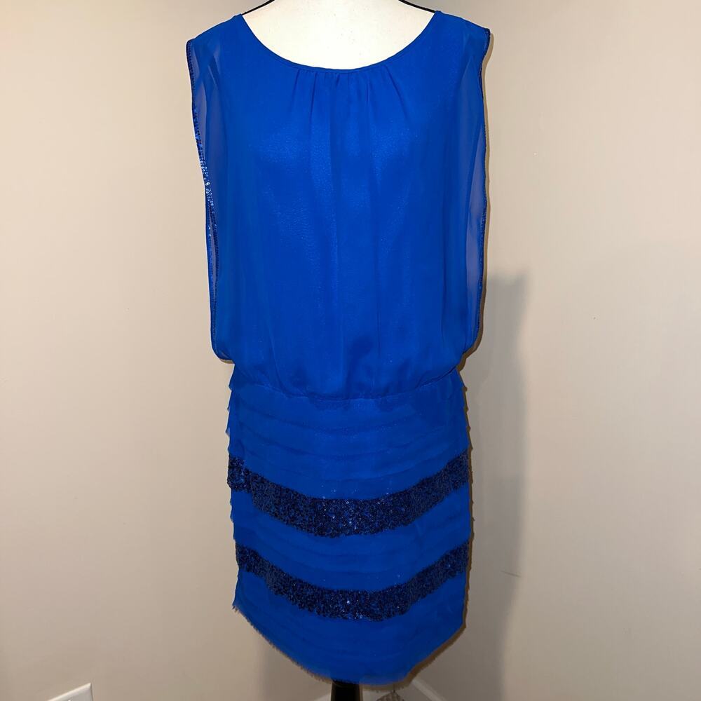 Aidan Mattox Royal Blue Tiered Sequined Blouson Cocktail Party Dress Size 12 - Picture 3 of 16